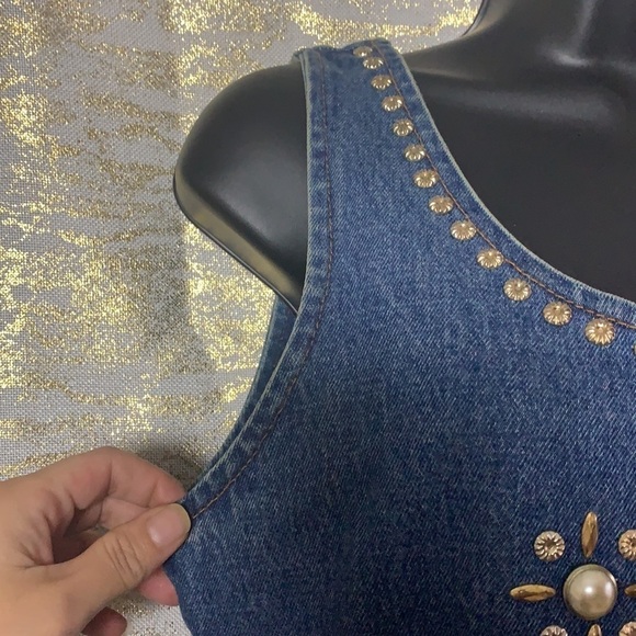 Vintage🧚♀️Junior Jean Los Angeles Gold Studded Denim Button Up Dress Size M - Picture 5 of 16